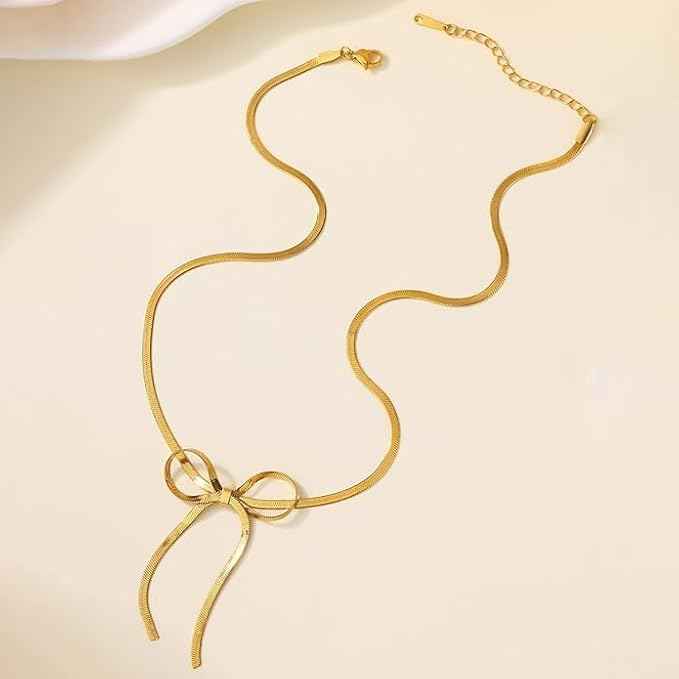 Gold Bow Tie Snake Chain Necklace | Chic & Modern Statement