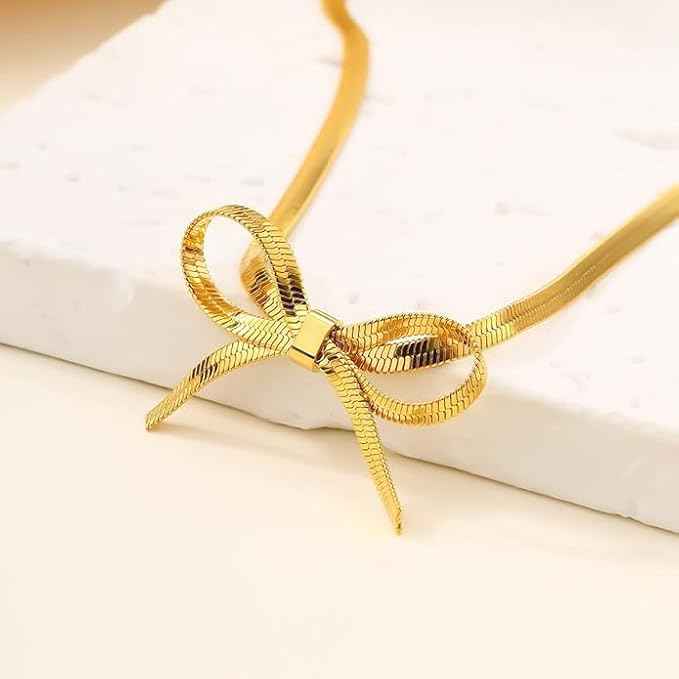 Gold Bow Tie Snake Chain Necklace | Chic & Modern Statement