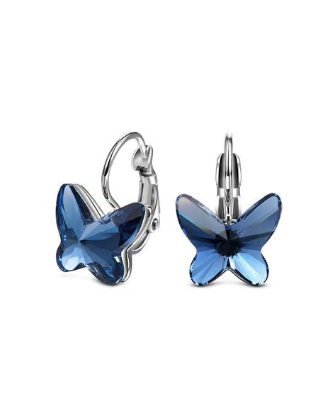 Pack of 2 Blue Crystal Butterfly Earrings & Silver Plated Butterfly Bangle | Dangle Leverback Earrings with Crystal Statement Bracelet