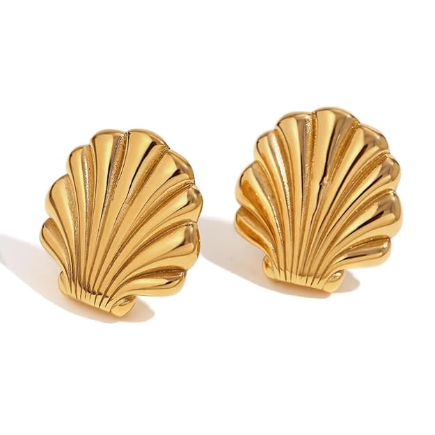 Pack of 2 Gold Plated Seashell Earrings & Starfish Adjustable Ring | Beach Inspired Statement Studs with Shimmering Promise Ring