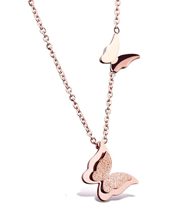 Pack of 2 Rose Gold Butterfly Necklace & Stud Earrings | Dainty Layered Charm Necklace with Sparkling Butterfly Earrings