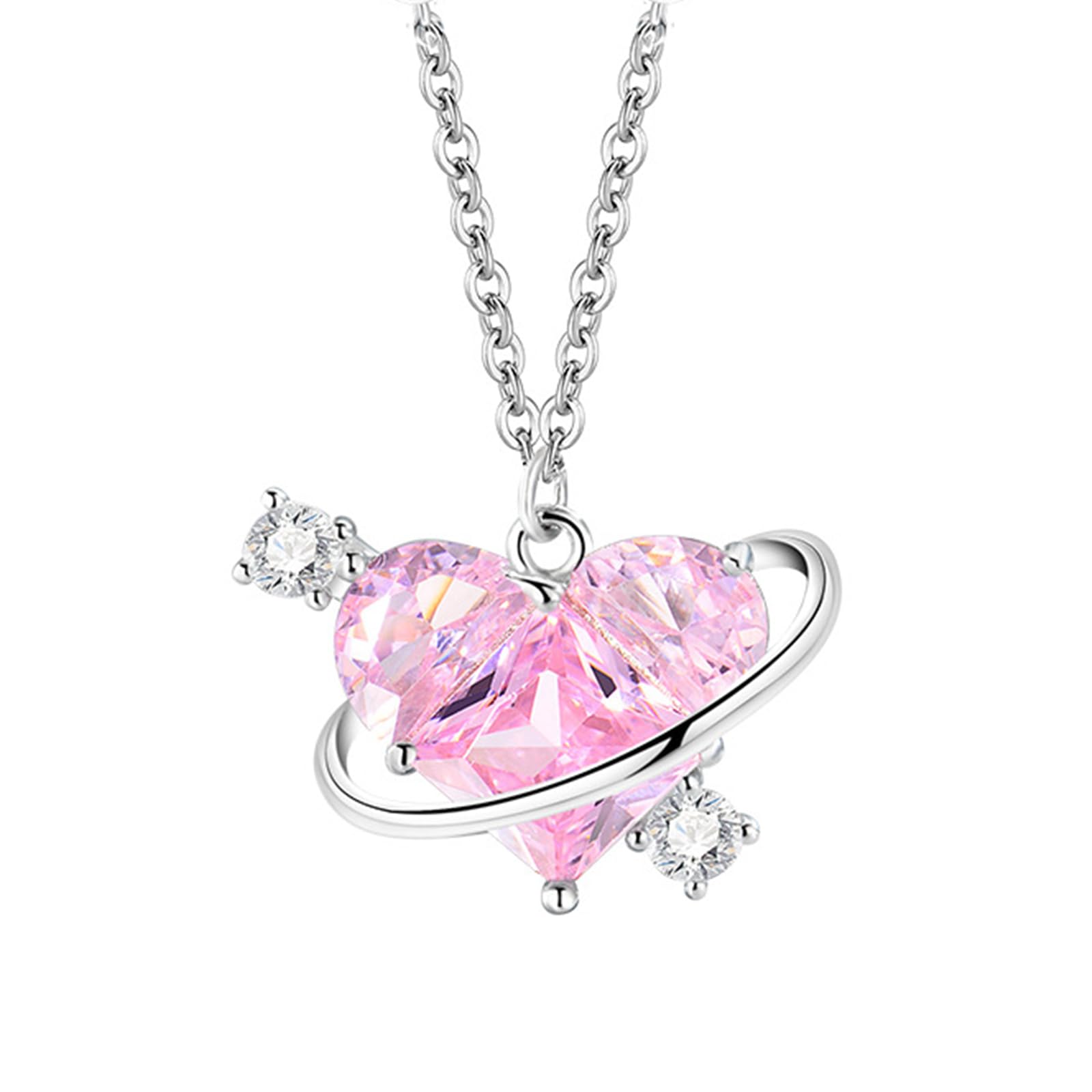 Pack of 2 Pink Heart Saturn Necklace & Pink Butterfly Pendant Necklace | Celestial Love Jewelry with Marquise Gemstone Charm