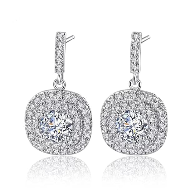 Pack of 2 Austrian Crystal Dangle Earrings & Halo Pendant Necklace | Silver Plated Round Diamond Look Jewelry Set