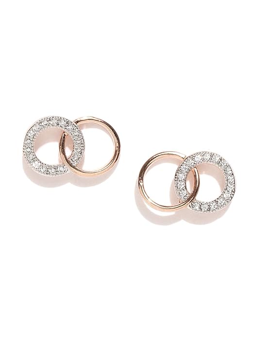 Pack of 2 Rose Gold Interlocking Circle Earrings & Gold Plated Interlocking Rings Necklace | Zirconia Stud Earrings with Crystal Eternity Pendant
