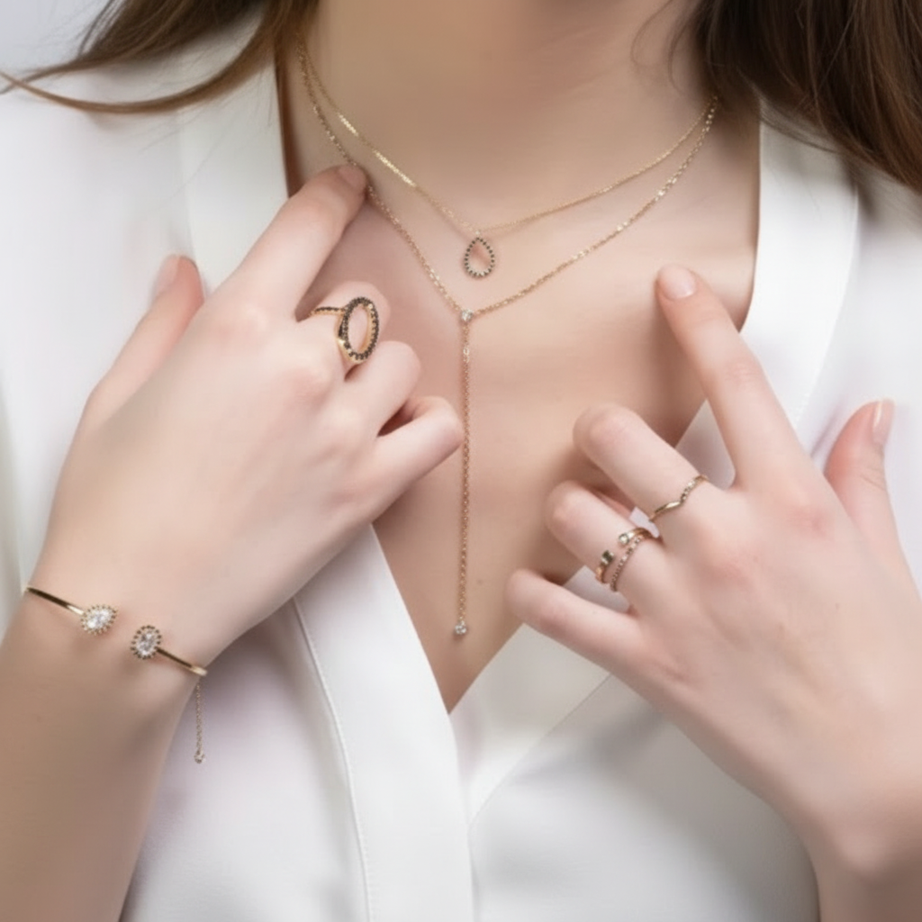 Close-up of a person wearing gold jewelry including a necklace, ring, and bracelet on a white background.