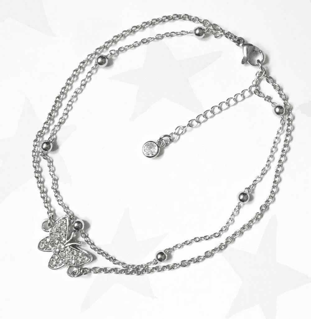 Butterfly Charm Anklet - Silver Double Layer Foot Jewelry for Women