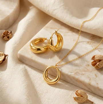 Pack of 2 Chunky Gold Plated Dome Hoop Earrings & Circle Pendant Necklace | Thick Huggie Hoops with Dainty Open Hoop Necklace