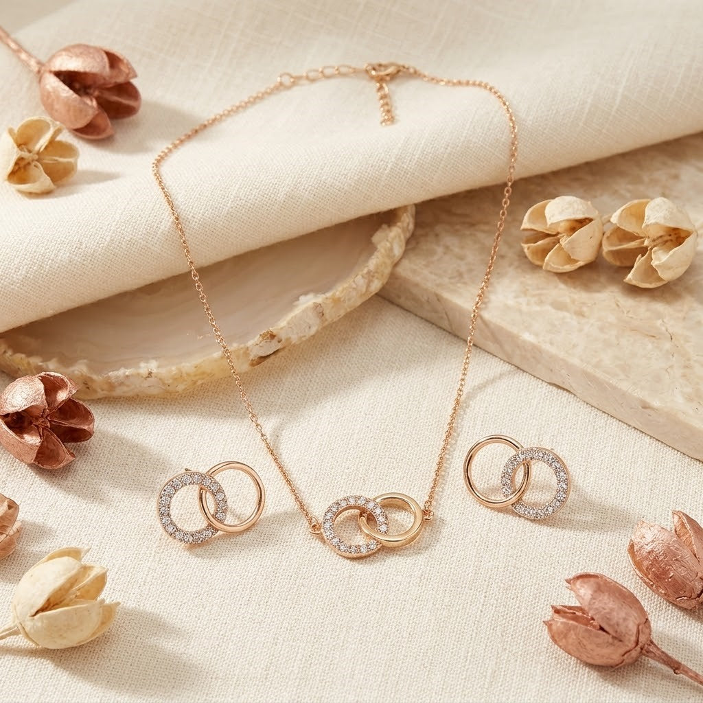 Pack of 2 Rose Gold Interlocking Circle Earrings & Gold Plated Interlocking Rings Necklace | Zirconia Stud Earrings with Crystal Eternity Pendant