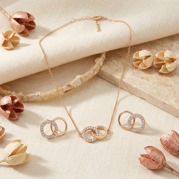 Pack of 2 Rose Gold Interlocking Circle Earrings & Gold Plated Interlocking Rings Necklace | Zirconia Stud Earrings with Crystal Eternity Pendant