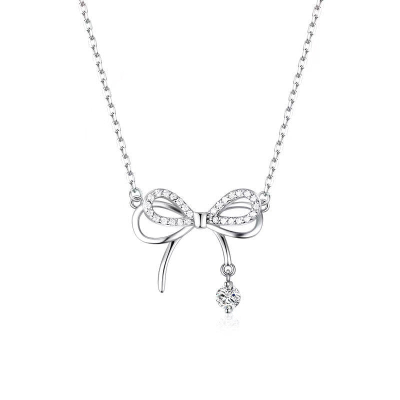 Pack of 2 Silver Plated Bow Necklace & Bow Ring | Dainty Ribbon CZ Pendant with Sparkling Cubic Zirconia Charm Ring
