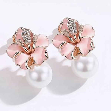 Elegant Pink Flower Pearl Drop Earrings - Luxury Stud Jewelry