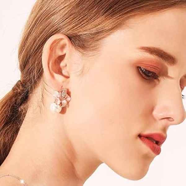 Elegant Pink Flower Pearl Drop Earrings - Luxury Stud Jewelry