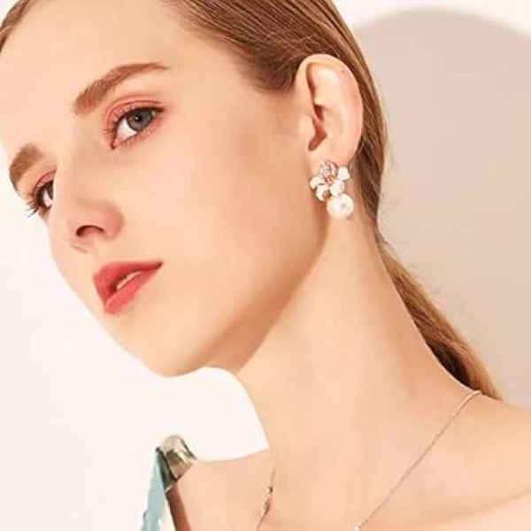 Elegant Pink Flower Pearl Drop Earrings - Luxury Stud Jewelry