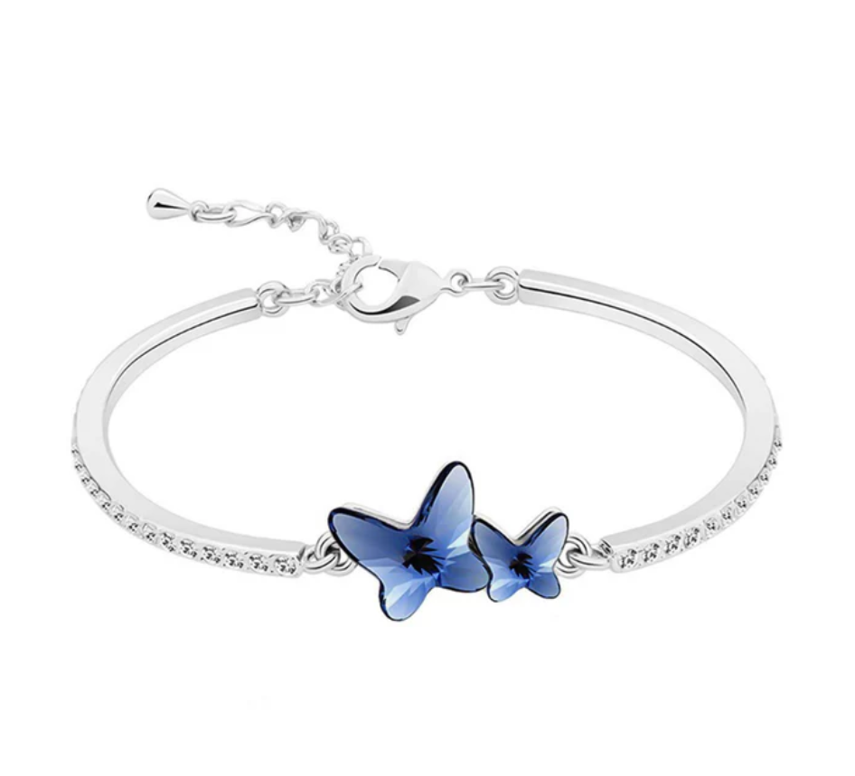 Pack of 2 Blue Crystal Butterfly Earrings & Silver Plated Butterfly Bangle | Dangle Leverback Earrings with Crystal Statement Bracelet