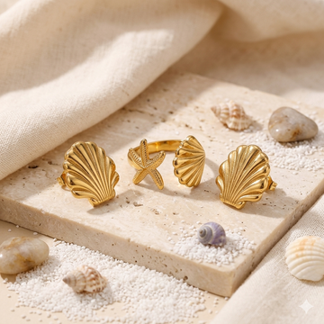 Pack of 2 Gold Plated Seashell Earrings & Starfish Adjustable Ring | Beach Inspired Statement Studs with Shimmering Promise Ring
