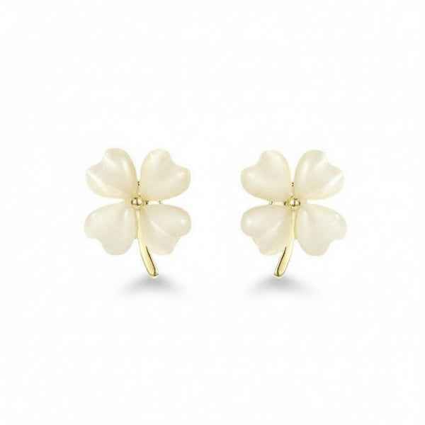 Elegant White Opal Clover Stud Earrings - Four-Leaf Gold Jewelry