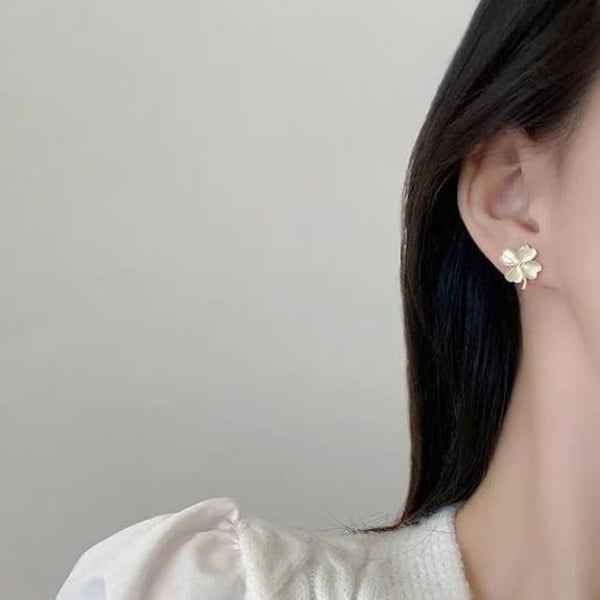 Elegant White Opal Clover Stud Earrings - Four-Leaf Gold Jewelry