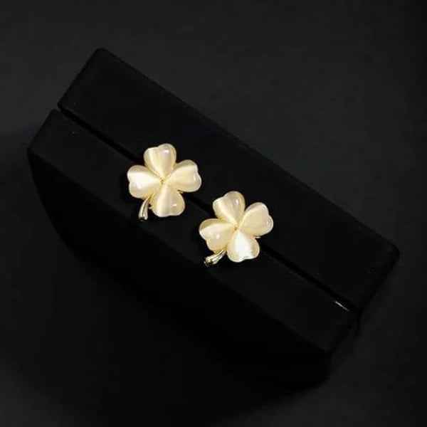 Elegant White Opal Clover Stud Earrings - Four-Leaf Gold Jewelry