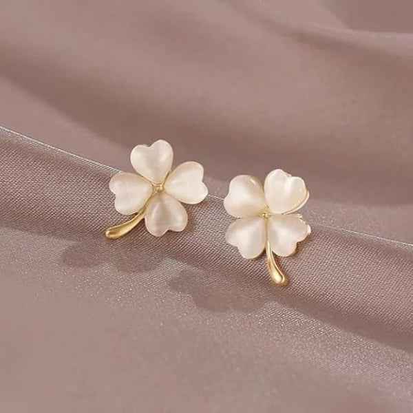Elegant White Opal Clover Stud Earrings - Four-Leaf Gold Jewelry