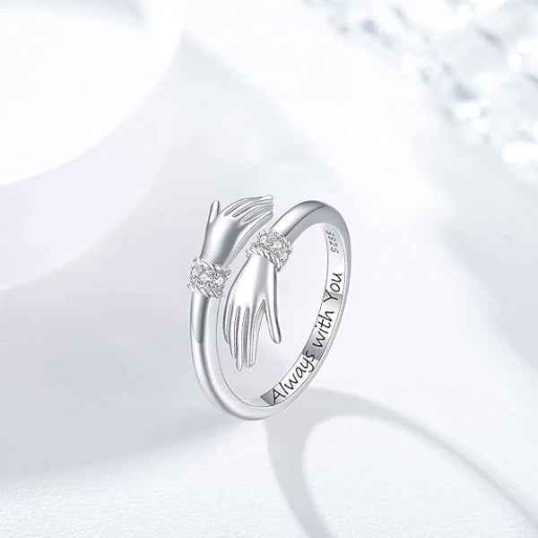 Adjustable Silver Hug Ring - Symbolic Sterling Silver Hands Jewelry