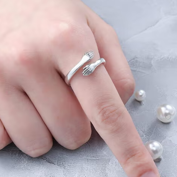 Silver Plated Hug Ring - Symbolic Sterling Silver Hands Jewelry