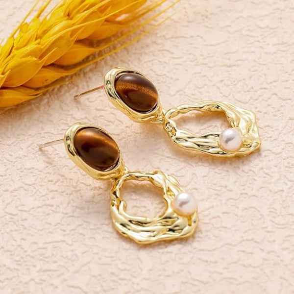 Amber Drop Earrings - Vintage Gold Dangles & Dainty Pearl Jewelry