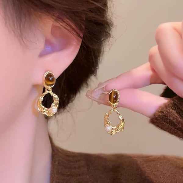 Amber Drop Earrings - Vintage Gold Dangles & Dainty Pearl Jewelry