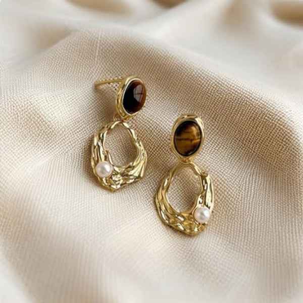 Amber Drop Earrings - Vintage Gold Dangles & Dainty Pearl Jewelry
