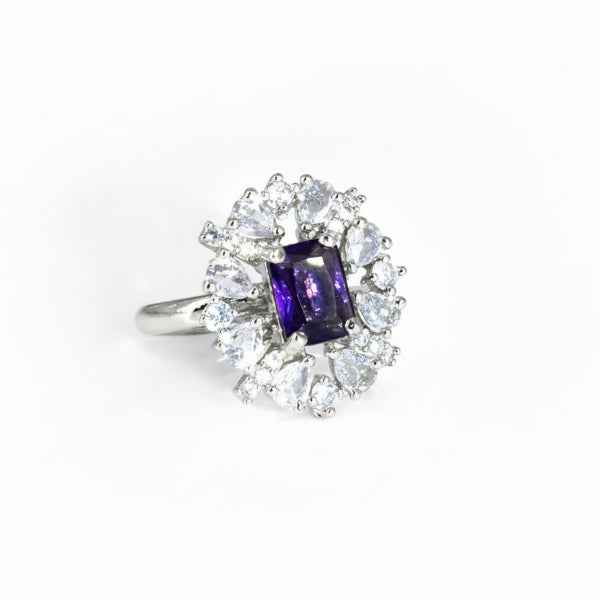 Purple Amethyst Halo Ring | Royal Crystal Statement Ring for Women