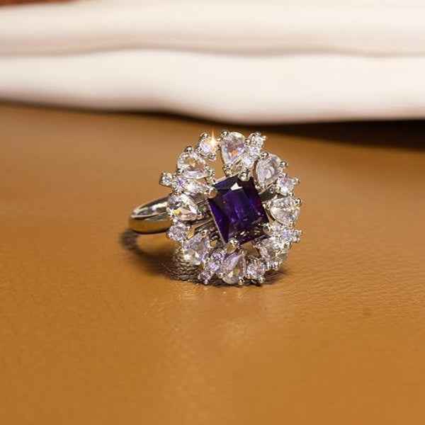 Purple Amethyst Halo Ring | Royal Crystal Statement Ring for Women