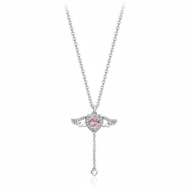Sterling Silver Angel Wing Necklace | Pink Heart Crystal Dainty - LA Miraya