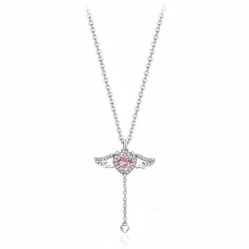Sterling Silver Angel Wing Necklace | Pink Heart Crystal Dainty - LA Miraya