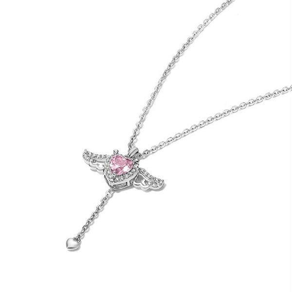 Sterling Silver Angel Wing Necklace | Pink Heart Crystal Dainty - LA Miraya