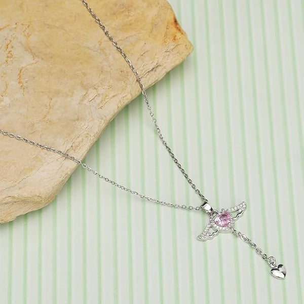 Sterling Silver Angel Wing Necklace | Pink Heart Crystal Dainty - LA Miraya