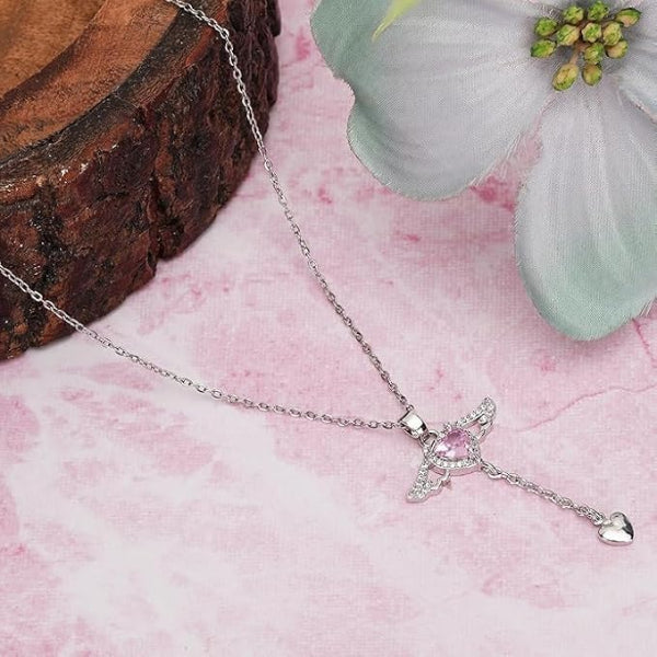 Sterling Silver Angel Wing Necklace | Pink Heart Crystal Dainty - LA Miraya