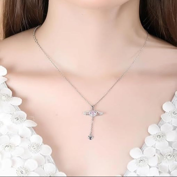 Sterling Silver Angel Wing Necklace | Pink Heart Crystal Dainty - LA Miraya