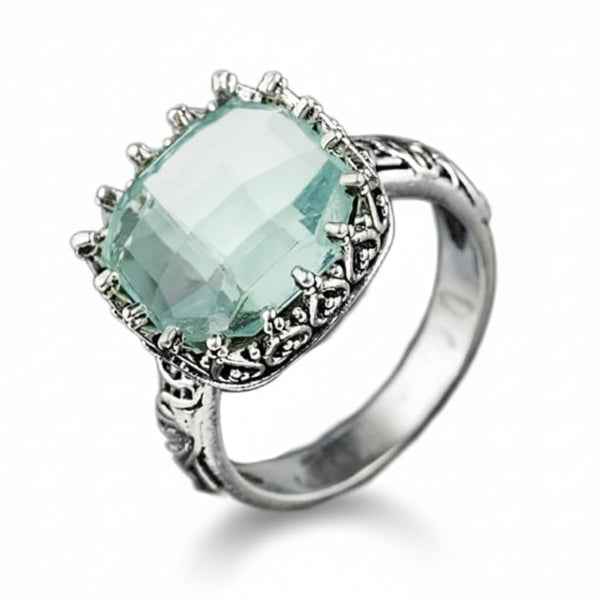 Silver Aquamarine Ring - Shimmering Cushion Cut Statement Band Ring