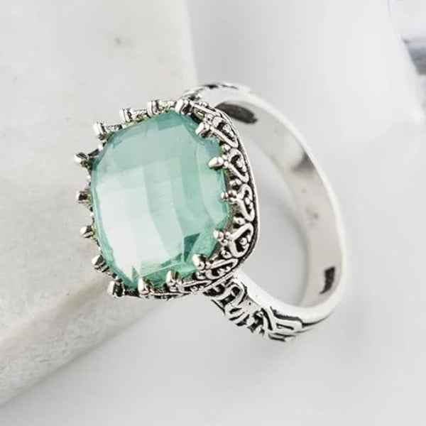 Silver Aquamarine Ring - Shimmering Cushion Cut Statement Band Ring