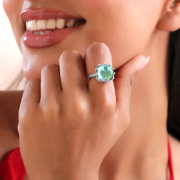 Silver Plated Aquamarine Ring - Shimmering Cushion Cut Statement Band Ring