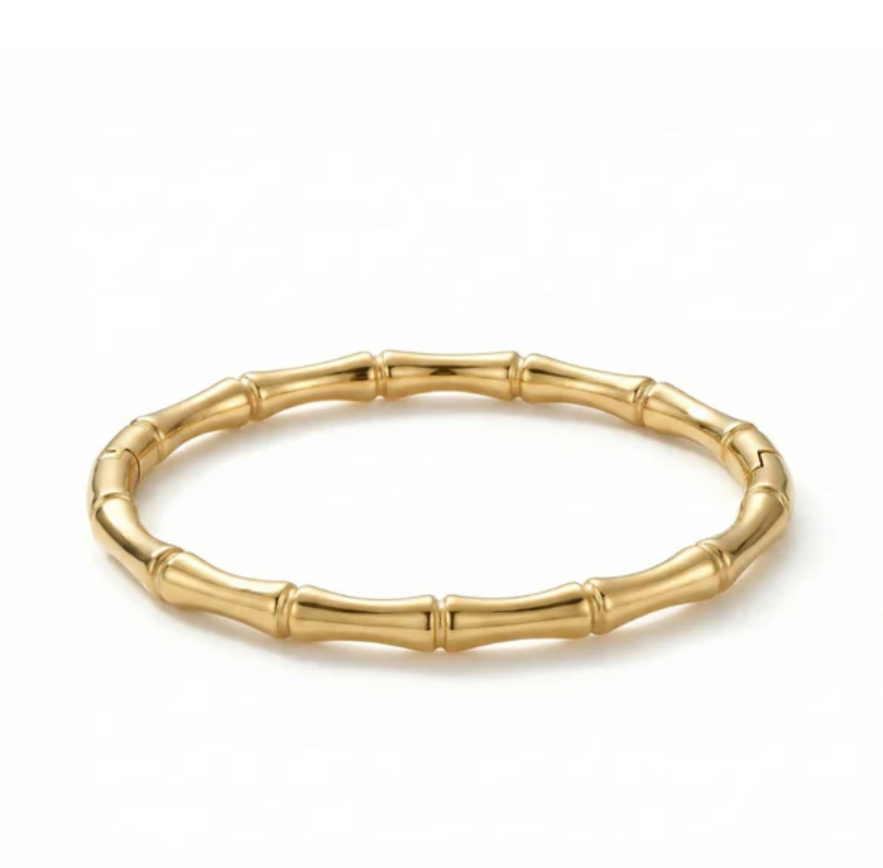 Pack of 2 Gold Plated Bamboo Necklace & Bamboo Bangle Bracelet | Dainty Bar Pendant with Polished Jointed Cuff
