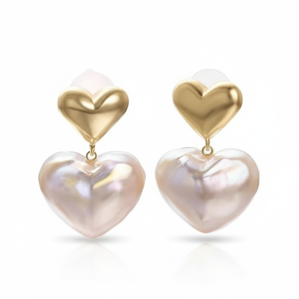 Unique Gold Plated Heart Dangle Earrings with Iridescent Baroque Pearl