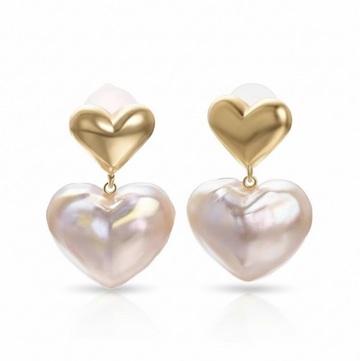Unique Gold Heart Dangle Earrings with Iridescent Baroque Pearl