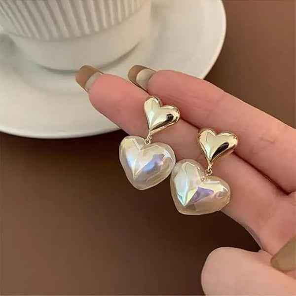 Unique Gold Heart Dangle Earrings with Iridescent Baroque Pearl