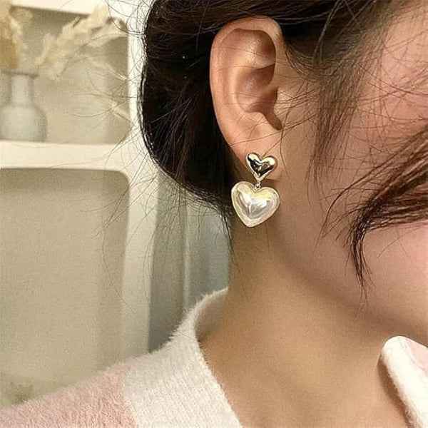 Unique Gold Heart Dangle Earrings with Iridescent Baroque Pearl