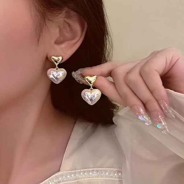 Unique Gold Heart Dangle Earrings with Iridescent Baroque Pearl