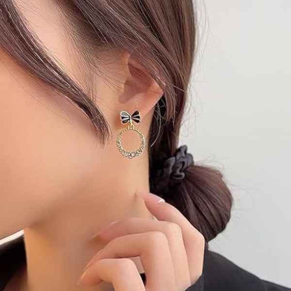Chic Black Bow Dangle Earrings with Sparkling Zirconia Hoops