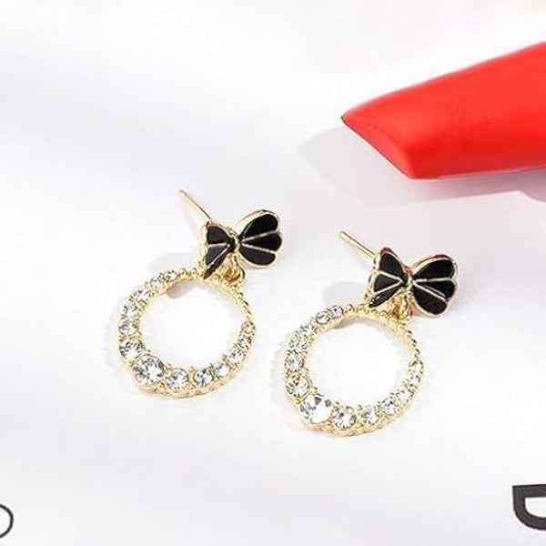 Chic Black Bow Dangle Earrings with Sparkling Zirconia Hoops