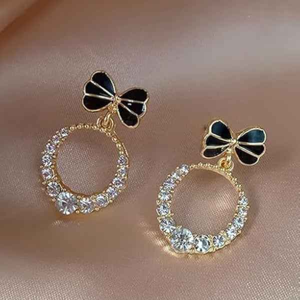 Chic Black Bow Dangle Earrings with Sparkling Zirconia Hoops
