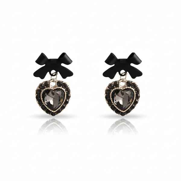 Black Bow Earrings - Heart Drop Jewelry & Gothic Coquette Studs