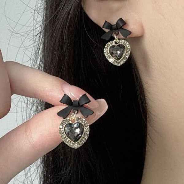 Black Bow Earrings - Heart Drop Jewelry & Gothic Coquette Studs